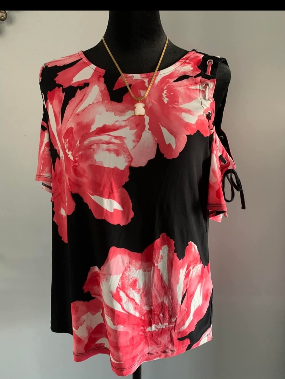INC International Concepts Black Top with Pink Floral Print and Lace-Up Shoulder